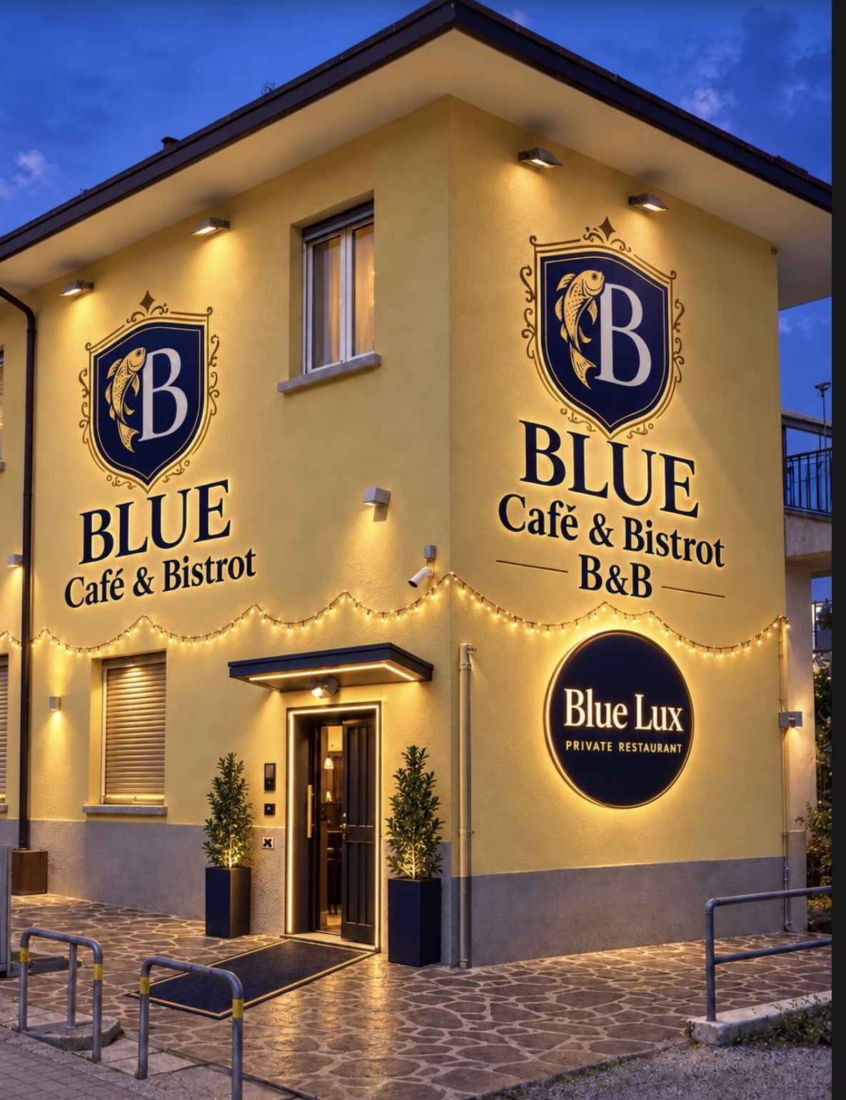 La facciata illuminata del BLUE ad Airuno